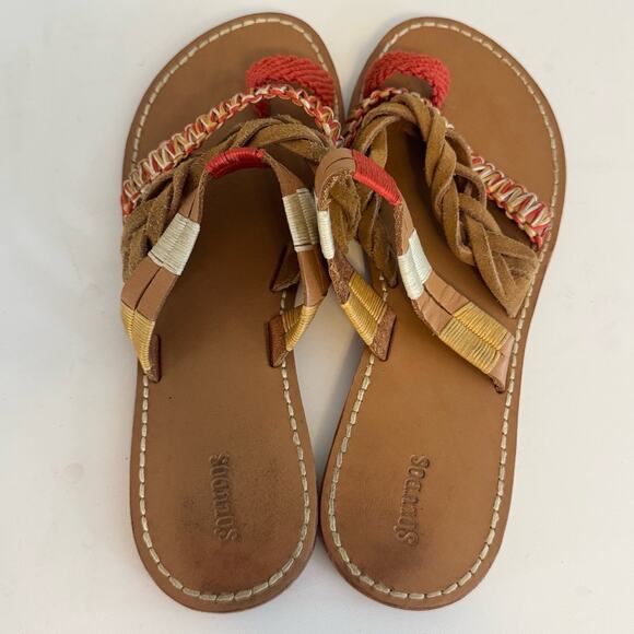 Soludos leather Brown Sandals Size 8.5 red Braided Slip On Flat Boho Beachy - Picture 6 of 7